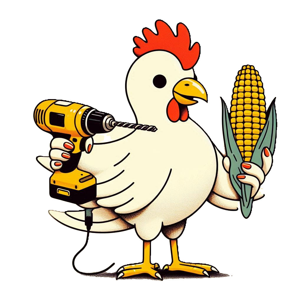A happy chicken with corn, power drill, and amazing dip nail manicture.